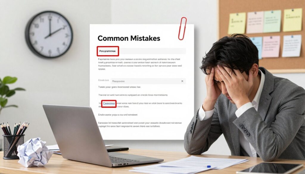 A visually engaging illustration focus on common mistakes in job application emails. In the foreground, a cluttered desk filled with a laptop displaying a messy email draft, crumpled papers, and a worried individual in professional attire, showing frustration. In the middle, close-up details of an email template marked with red highlights indicating errors, such as poor grammar, lack of a subject line, and inappropriate greetings. In the background, a clock ticking to emphasize urgency and a bulletin board with reminders about professional email etiquette. The lighting is bright and natural, creating a clear and focused atmosphere, evoking a sense of urgency and the importance of getting it right.