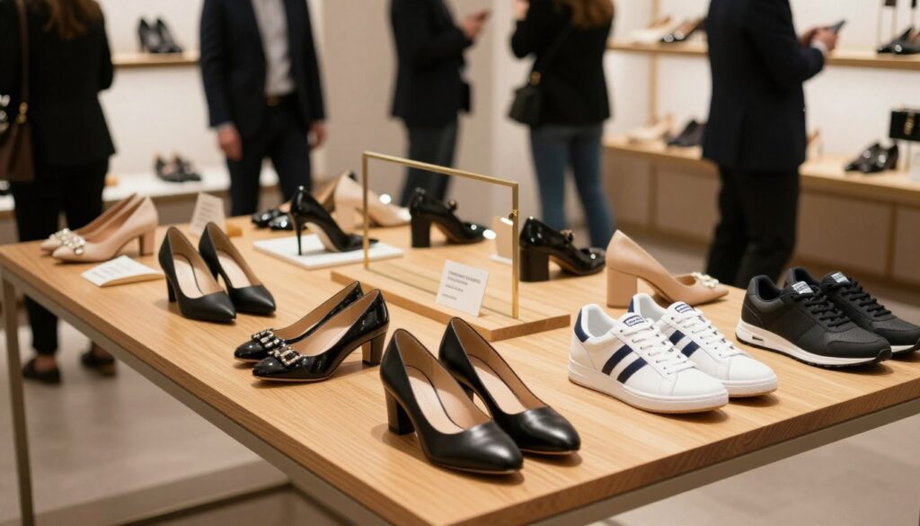 A visually engaging scene depicting various stylish Azarey shoes showcased on a sleek wooden table in a modern retail setting. In the foreground, focus on a variety of shoe styles, including elegant heels and trendy sneakers, displayed attractively with price tags showing prices in a clearly visible manner. In the middle ground, a well-organized rack of shoes with ample space for shoppers to browse, surrounded by soft spotlights creating an inviting atmosphere. The background features blurred silhouettes of shoppers in professional business attire, creating a sense of community and shopping excitement. Use warm, natural lighting to enhance the overall ambiance, and employ a slightly elevated camera angle to capture the full layout. The mood should be engaging and vibrant, reflecting a premium retail experience. A visually engaging scene depicting various stylish Azarey shoes showcased on a sleek wooden table in a modern retail setting. In the foreground, focus on a variety of shoe styles, including elegant heels and trendy sneakers, displayed attractively with price tags showing prices in a clearly visible manner. In the middle ground, a well-organized rack of shoes with ample space for shoppers to browse, surrounded by soft spotlights creating an inviting atmosphere. The background features blurred silhouettes of shoppers in professional business attire, creating a sense of community and shopping excitement. Use warm, natural lighting to enhance the overall ambiance, and employ a slightly elevated camera angle to capture the full layout. The mood should be engaging and vibrant, reflecting a premium retail experience.