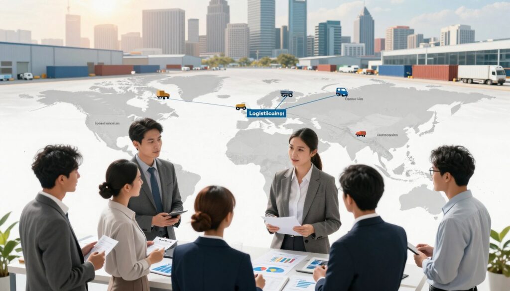 A visually striking composition illustrating the logistics industry across various sectors and regions. In the foreground, a diverse group of professionals dressed in smart business attire, engaged in a conversation, surrounded by charts and graphs that depict salary ranges for different roles like junior and senior logisticians. In the middle ground, a map showcasing major logistics hubs and branching connections representing various industries, such as manufacturing, retail, and transportation. The background features a modern city skyline with warehouses and shipping containers, symbolizing scale and size of companies. Soft, warm lighting creates a professional atmosphere, highlighting the collaboration in the logistics sector. The angle is slightly elevated, providing a clear view of the interaction and the backdrop, blending the elements seamlessly to convey a dynamic and informative visual narrative.