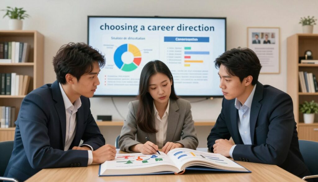 A visually striking image illustrating the concept of "choosing a career direction." In the foreground, a diverse group of three professionals—two men and one woman—are gathered around a large, open book spread on a table, depicting various career paths. They are attentively discussing, dressed in smart business attire. In the middle ground, a large wall-mounted display features colorful charts and infographics showcasing different study options and career qualifications. The background shows a well-lit educational environment, with shelves of books and motivational posters about career choices. The overall atmosphere is one of determination and inspiration, with soft, warm lighting highlighting the focus on future opportunities and professional growth. The image is designed to convey a sense of collaboration and informed decision-making.