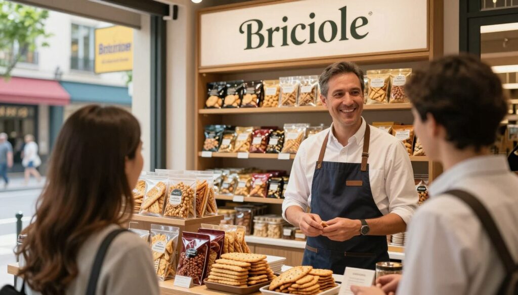 A visually striking image of a branded storefront for "Briciole," a gourmet snack company, set in an inviting urban environment. The foreground features a well-dressed shop owner, a middle-aged individual in a neat apron, warmly engaging with a customer. In the middle ground, shelves are stocked with an array of beautifully packaged snacks, such as artisanal crackers, stylishly arranged in an eye-catching display. The background showcases a lively street scene, with bright storefront signage and hints of greenery from nearby parks. The scene is bathed in soft, natural sunlight, with a warm inviting glow that evokes a sense of community and quality craftsmanship. Capture this setting with a slightly elevated perspective to showcase the storefront's depth and the inviting atmosphere. A visually striking image of a branded storefront for "Briciole," a gourmet snack company, set in an inviting urban environment. The foreground features a well-dressed shop owner, a middle-aged individual in a neat apron, warmly engaging with a customer. In the middle ground, shelves are stocked with an array of beautifully packaged snacks, such as artisanal crackers, stylishly arranged in an eye-catching display. The background showcases a lively street scene, with bright storefront signage and hints of greenery from nearby parks. The scene is bathed in soft, natural sunlight, with a warm inviting glow that evokes a sense of community and quality craftsmanship. Capture this setting with a slightly elevated perspective to showcase the storefront's depth and the inviting atmosphere.