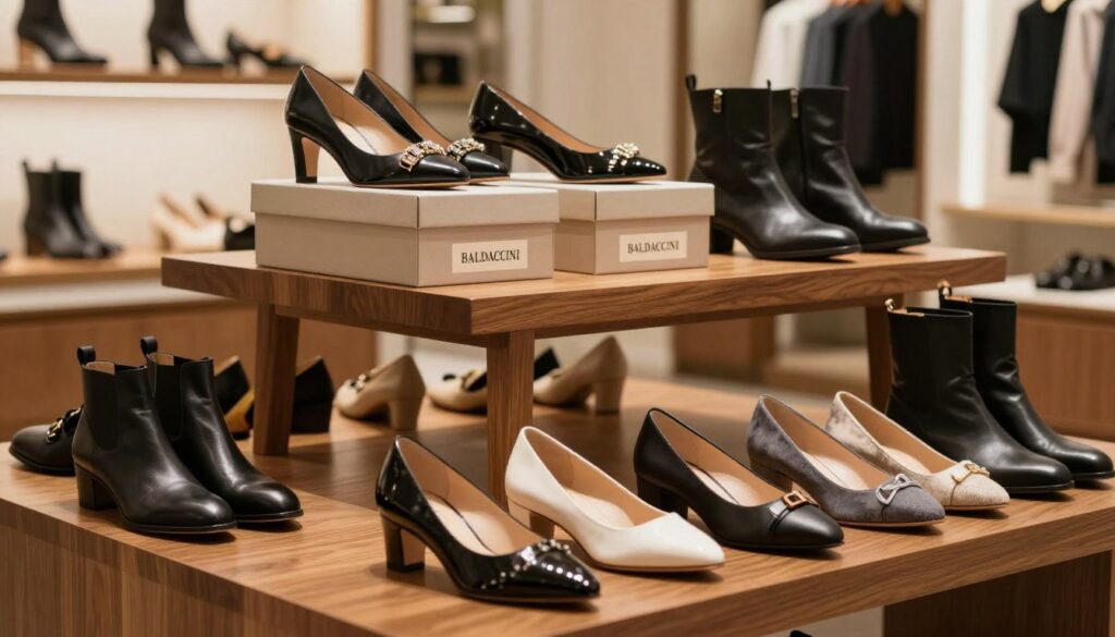 A visually striking image showcasing a sophisticated display of Baldaccini footwear. In the foreground, a neatly arranged selection of elegant shoes in various styles, including heels, boots, and flats, demonstrating the variety in quality and design. The middle ground features a stylish wooden table adorned with a few selected shoe boxes, neatly labeled, emphasizing the theme of shopping for quality footwear. The background should have a softly blurred boutique interior, with warm lighting highlighting the craftsmanship of the shoes. A reflective surface beneath the shoes enhances the luxurious feel. The atmosphere is inviting and professional, conveying a sense of high-quality fashion retail.