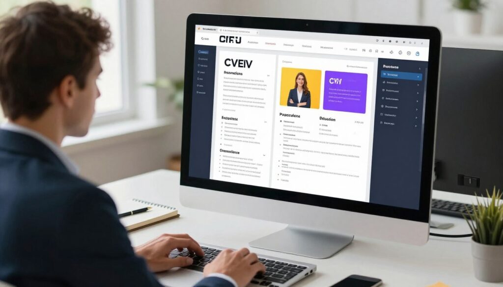 A well-designed, modern CV creator interface displayed on a large computer screen, with a sleek and user-friendly layout. In the foreground, a professional individual dressed in smart business attire is sitting at a stylish desk, focused on crafting their CV. On the screen, vibrant templates featuring various sections of a CV—personal information, work experience, education—are visible. The middle ground shows an organized workspace, including a notepad and a pen, to suggest active planning. The background features soft, natural lighting coming through a window, illuminating the workspace and enhancing the productive atmosphere. The overall mood should be motivating and professional, conveying the ease and effectiveness of using a free CV generator compared to traditional word processing. A well-designed, modern CV creator interface displayed on a large computer screen, with a sleek and user-friendly layout. In the foreground, a professional individual dressed in smart business attire is sitting at a stylish desk, focused on crafting their CV. On the screen, vibrant templates featuring various sections of a CV—personal information, work experience, education—are visible. The middle ground shows an organized workspace, including a notepad and a pen, to suggest active planning. The background features soft, natural lighting coming through a window, illuminating the workspace and enhancing the productive atmosphere. The overall mood should be motivating and professional, conveying the ease and effectiveness of using a free CV generator compared to traditional word processing.