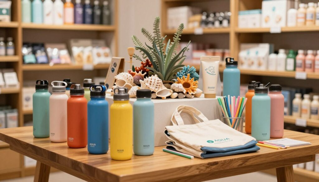 A well-lit indoor setting showcasing a collection of Aqua Mercado accessories. In the foreground, a beautifully arranged display of colorful water bottles, reusable bags, and eco-friendly straws on a polished wooden table. The middle ground features a tasteful arrangement of aquatic-themed decorations, like seashells and marine plants, enhancing the product context. In the background, soft-focus shelves filled with various Aqua Mercado products, creating a sense of a well-stocked store. The lighting is warm and inviting, accentuating the vibrant colors of the accessories. The overall mood is professional yet inviting, perfect for a shopping or product review environment, captured from a slight high angle to emphasize the products without any human presence.