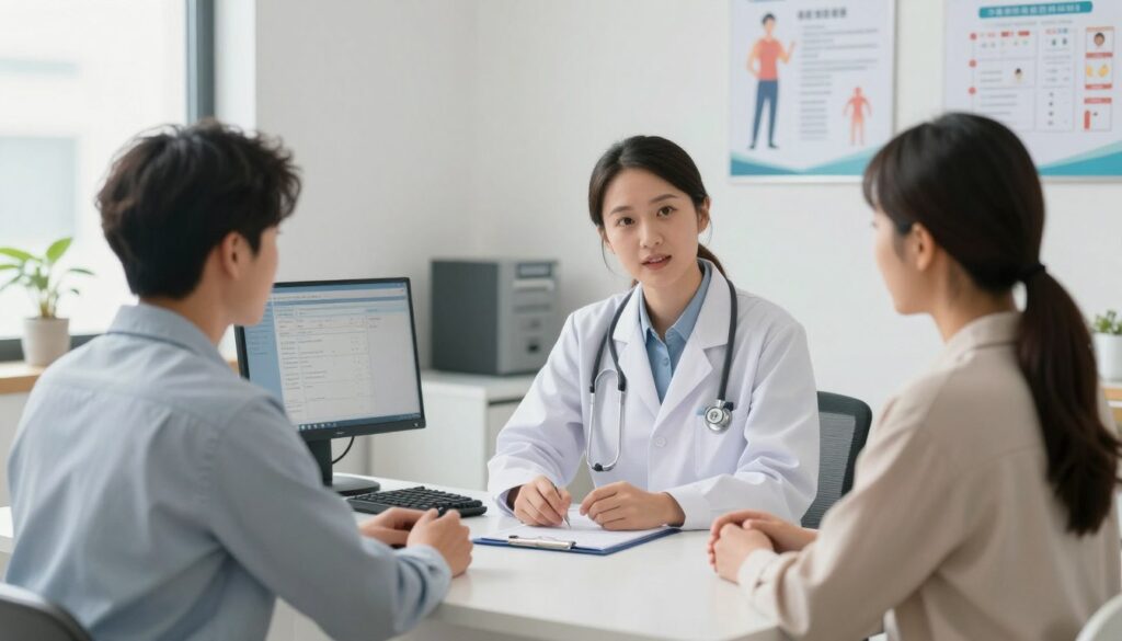 A well-lit, modern medical office scene depicting an occupational health examination in progress. In the foreground, a healthcare professional in professional business attire, equipped with a stethoscope, interacts with a patient seated at a consultation table, both appearing engaged in conversation. The middle ground features medical instruments and a computer displaying health records, emphasizing the examination process. In the background, a tasteful wall display with health posters and charts showcases various health assessments. Soft, natural lighting filters in through a window, creating a calm and focused atmosphere. The angle is slightly elevated, providing a comprehensive view of the interactions, ensuring the setting feels inviting and professional. The overall mood is one of thoroughness and care, reflecting the importance of periodic health examinations.