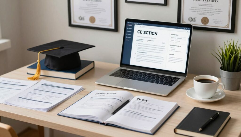 A well-organized and visually appealing workspace featuring a neat desk with an open CV document prominently displayed. In the foreground, there are educational materials such as books, a graduation cap, and a potted plant symbolizing growth. The middle ground shows a laptop with a digital version of a CV on the screen alongside a cup of coffee, suggesting a professional atmosphere. In the background, there are framed certificates and diplomas hung on the wall, conveying a sense of achievement and education. The lighting is warm and inviting, evoking a focused and productive mood. The angle is slightly elevated, providing a comprehensive view of the workspace while emphasizing the importance of education in creating a CV.