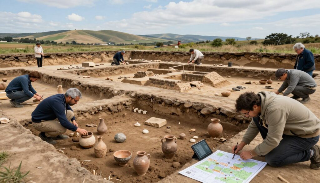 A well-organized archaeological excavation site showcasing layers of earth revealing artifacts and fossils. In the foreground, a diverse group of archaeologists, dressed in professional attire, are carefully brushing away soil from ancient pottery and tools. The middle ground features partially unearthed remains of a historical structure, surrounded by maps and digital tablets displaying data and images. In the background, a serene landscape with rolling hills and a clear blue sky enhances the setting. Soft, natural light filters through, creating a warm and inviting atmosphere. The image captures the meticulous nature of archaeological work, emphasizing the connection between ancient sources and the insights they provide to historians.