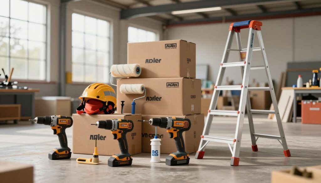 A well-organized display of Adler products in a modern industrial setting, showcasing various tools and equipment used in construction and maintenance. In the foreground, highlight a sleek power drill, a high-quality paint sprayer, and a durable ladder. In the middle ground, arrange additional items like safety gear, paint rollers, and brushes against a backdrop of neatly stacked boxes bearing Adler branding. Soft, natural light streams through large windows, creating a warm and professional atmosphere. The background features a blurred view of an organized workshop, emphasizing the tools in action. Capture the essence of innovation and reliability that defines Adler's offerings, using a standard wide-angle lens to provide a clear and inviting composition. A well-organized display of Adler products in a modern industrial setting, showcasing various tools and equipment used in construction and maintenance. In the foreground, highlight a sleek power drill, a high-quality paint sprayer, and a durable ladder. In the middle ground, arrange additional items like safety gear, paint rollers, and brushes against a backdrop of neatly stacked boxes bearing Adler branding. Soft, natural light streams through large windows, creating a warm and professional atmosphere. The background features a blurred view of an organized workshop, emphasizing the tools in action. Capture the essence of innovation and reliability that defines Adler's offerings, using a standard wide-angle lens to provide a clear and inviting composition.