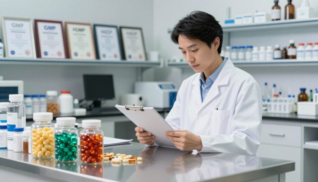 A well-organized laboratory space emphasizing quality standards for dietary supplements. In the foreground, a polished stainless-steel countertop displays various high-quality vitamins in clear glass containers, showcasing their vibrant colors. In the middle, a dedicated technician in a professional lab coat attentively reviews product specifications on a clipboard, symbolizing rigorous quality checks. Shelves in the background are lined with certification plaques for GMP and HACCP, hinting at the company's adherence to European quality standards. Soft, diffused lighting creates a clean and sterile atmosphere, evoking trust and professionalism. The scene is framed with a slight focus on the technician, capturing their concentration and commitment to quality.