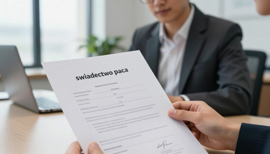 A workspace scene featuring a detailed "świadectwo pracy," or work certificate, prominently displayed in the foreground. The document should include typical elements like the company logo, employee name, position, and date of issue, rendered in an elegant, professional font. In the middle ground, a well-dressed businessperson is carefully reviewing the certificate with a focused expression, dressed in business attire. The background showcases a modern office environment with soft, natural lighting coming from a large window, subtle reflections on polished surfaces, and a few plants to add warmth to the atmosphere. The overall mood conveys professionalism, diligence, and attention to detail, emphasizing the importance of verifying the accuracy of a work certificate.