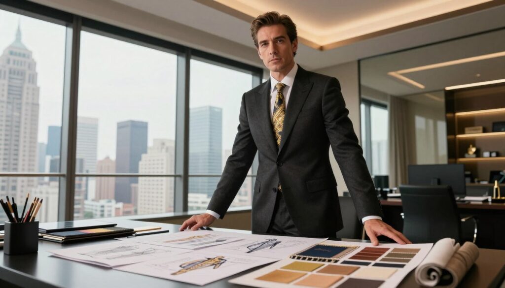 Alessandro Versace stands confidently in a modern, stylish office setting, embodying the essence of luxury fashion. He wears a tailored suit, exuding sophistication and professionalism. His expression is focused and determined, capturing the spirit of innovation in the fashion industry. In the foreground, designer sketches and fabric swatches are neatly arranged on a sleek desk. The middle ground features a large window showcasing a vibrant cityscape, hinting at the global reach of Italian fashion brands. Soft, warm lighting floods the space, enhancing the elegant atmosphere. The composition is shot from a low angle, emphasizing his stature and influence in the fashion world, while maintaining a polished and professional look. Alessandro Versace stands confidently in a modern, stylish office setting, embodying the essence of luxury fashion. He wears a tailored suit, exuding sophistication and professionalism. His expression is focused and determined, capturing the spirit of innovation in the fashion industry. In the foreground, designer sketches and fabric swatches are neatly arranged on a sleek desk. The middle ground features a large window showcasing a vibrant cityscape, hinting at the global reach of Italian fashion brands. Soft, warm lighting floods the space, enhancing the elegant atmosphere. The composition is shot from a low angle, emphasizing his stature and influence in the fashion world, while maintaining a polished and professional look.