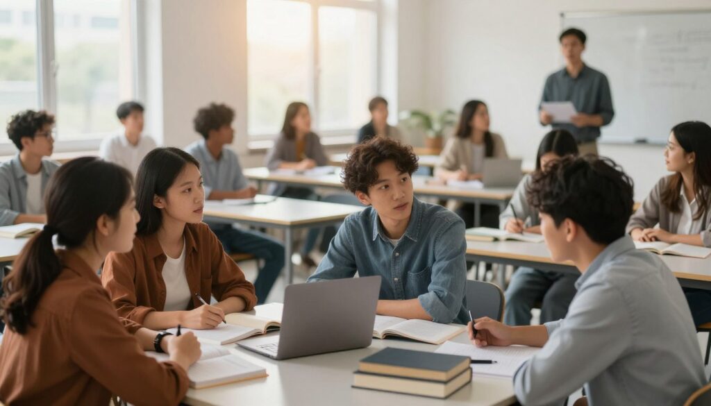 An educational setting depicting a diverse group of adult students engaged in part-time studies. In the foreground, three individuals of different ethnicities are gathered around a table filled with books, laptops, and study materials, deep in discussion. The middle ground shows a blurred classroom with rows of desks, where more students are attentively listening to a lecturer. The background features large windows allowing natural light to pour in, illuminating the space with a warm glow. The atmosphere is focused and inspiring, suggesting a blend of professionalism and camaraderie. Use a soft depth of field to emphasize the students in the foreground. The lighting should be bright yet soft, creating an inviting environment conducive to learning.