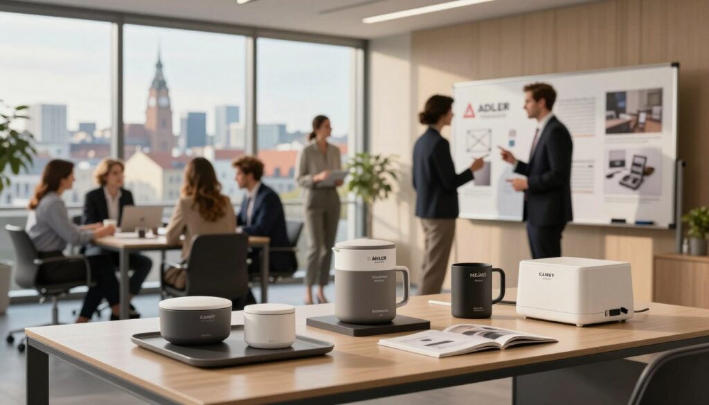 An elegant office setting showcasing the brands of Adler Europe Group. In the foreground, display a sleek, modern workspace with a neatly organized desk featuring high-quality products from ADLER Europe, CAMRY Premium, and MESKO Home, arranged artistically. The middle ground reveals a stylish meeting area with business professionals in professional attire discussing plans over a sample board highlighting brand logos and product images. In the background, large windows offer a panoramic view of a vibrant European city skyline, bathed in warm, natural light that creates a welcoming atmosphere. The scene conveys professionalism and innovation, emphasizing the diverse portfolio of Adler Europe Group. Use a slight depth of field to focus on the products while softly blurring the cityscape behind, capturing an air of sophistication and collaboration. An elegant office setting showcasing the brands of Adler Europe Group. In the foreground, display a sleek, modern workspace with a neatly organized desk featuring high-quality products from ADLER Europe, CAMRY Premium, and MESKO Home, arranged artistically. The middle ground reveals a stylish meeting area with business professionals in professional attire discussing plans over a sample board highlighting brand logos and product images. In the background, large windows offer a panoramic view of a vibrant European city skyline, bathed in warm, natural light that creates a welcoming atmosphere. The scene conveys professionalism and innovation, emphasizing the diverse portfolio of Adler Europe Group. Use a slight depth of field to focus on the products while softly blurring the cityscape behind, capturing an air of sophistication and collaboration.