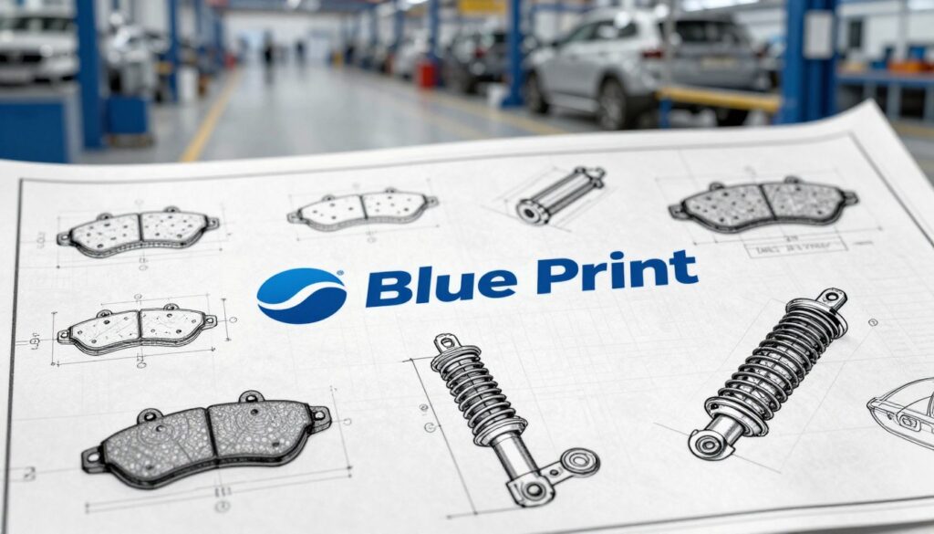 An intricate blueprint design representing the automotive parts company, Blue Print. The foreground features detailed technical drawings of various car components like brake pads, filters, and suspension parts in fine lines. The middle layer consists of a stylized logo of "Blue Print" seamlessly integrated into the blueprint, highlighting its significance in the aftermarket automotive industry. The background includes a faded image of a car assembly line, creating a sense of industry and innovation. Soft, natural lighting casts subtle shadows to enhance depth, while a slight tilt shift effect draws attention to the foreground elements. The overall mood is professional and informative, reflecting the brand's dedication to quality in the automotive market.