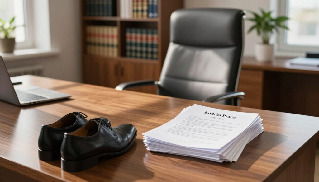 An open, well-lit office space featuring a polished wooden desk with a stack of legal documents labeled "Kodeks Pracy" prominently displayed. In the foreground, a pair of professional business attire shoes are neatly placed beside the desk, suggesting recent activity. In the middle, an elegant, modern chair faces the desk, creating a welcoming yet authoritative ambiance. The background includes a large bookshelf filled with law books and a potted plant, adding a touch of greenery. The lighting is bright and natural, streaming in through a window, casting soft shadows that enhance the professionalism of the scene. The overall mood is serious and informative, ideal for a legal discussion on work schedules and regulations. An open, well-lit office space featuring a polished wooden desk with a stack of legal documents labeled "Kodeks Pracy" prominently displayed. In the foreground, a pair of professional business attire shoes are neatly placed beside the desk, suggesting recent activity. In the middle, an elegant, modern chair faces the desk, creating a welcoming yet authoritative ambiance. The background includes a large bookshelf filled with law books and a potted plant, adding a touch of greenery. The lighting is bright and natural, streaming in through a window, casting soft shadows that enhance the professionalism of the scene. The overall mood is serious and informative, ideal for a legal discussion on work schedules and regulations.