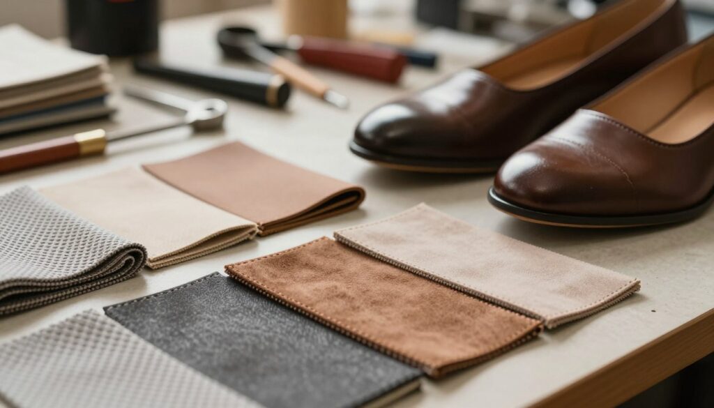 Detailed close-up of high-quality shoe materials used by Caprice, showcasing a variety of textures such as smooth leather, soft suede, and breathable mesh. In the foreground, display different samples of these materials meticulously arranged, highlighting their craftsmanship and stitching. The middle layer features a stylish pair of Caprice shoes partially visible, emphasizing their elegant design and comfort technology. In the background, a soft-focus workshop setting with tools and fabrics conveys a professional atmosphere. Use natural, warm lighting to bring out the richness of the materials, captured from a slightly elevated angle to create depth. Aim for a sophisticated and inviting mood that reflects the quality and innovation of Caprice footwear. Detailed close-up of high-quality shoe materials used by Caprice, showcasing a variety of textures such as smooth leather, soft suede, and breathable mesh. In the foreground, display different samples of these materials meticulously arranged, highlighting their craftsmanship and stitching. The middle layer features a stylish pair of Caprice shoes partially visible, emphasizing their elegant design and comfort technology. In the background, a soft-focus workshop setting with tools and fabrics conveys a professional atmosphere. Use natural, warm lighting to bring out the richness of the materials, captured from a slightly elevated angle to create depth. Aim for a sophisticated and inviting mood that reflects the quality and innovation of Caprice footwear.