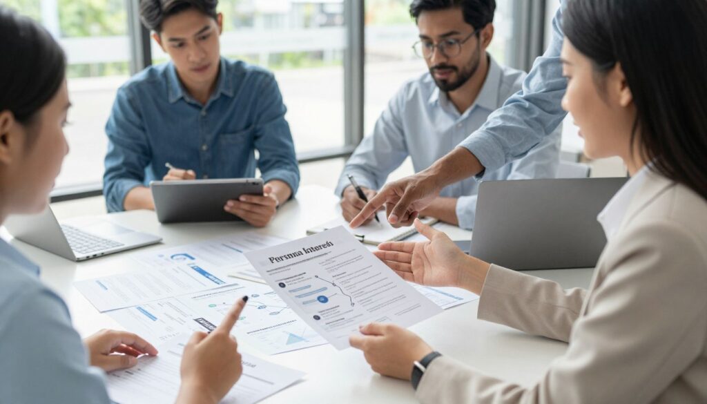 In a bright, modern office environment, depict a diverse group of three professionals engaged in a dynamic discussion around a table filled with CVs and job listings. In the foreground, a female professional in business attire gestures towards a well-organized portfolio, representing the alignment of interests with job descriptions. The middle ground features a male colleague taking notes on a tablet, while a third individual points to a chart showing the connection between personal interests and job roles. In the background, a large window lets in natural light, creating an inviting and uplifting atmosphere. The scene conveys a sense of collaboration, ambition, and strategic thinking, ideal for showcasing how interests can align with job opportunities.