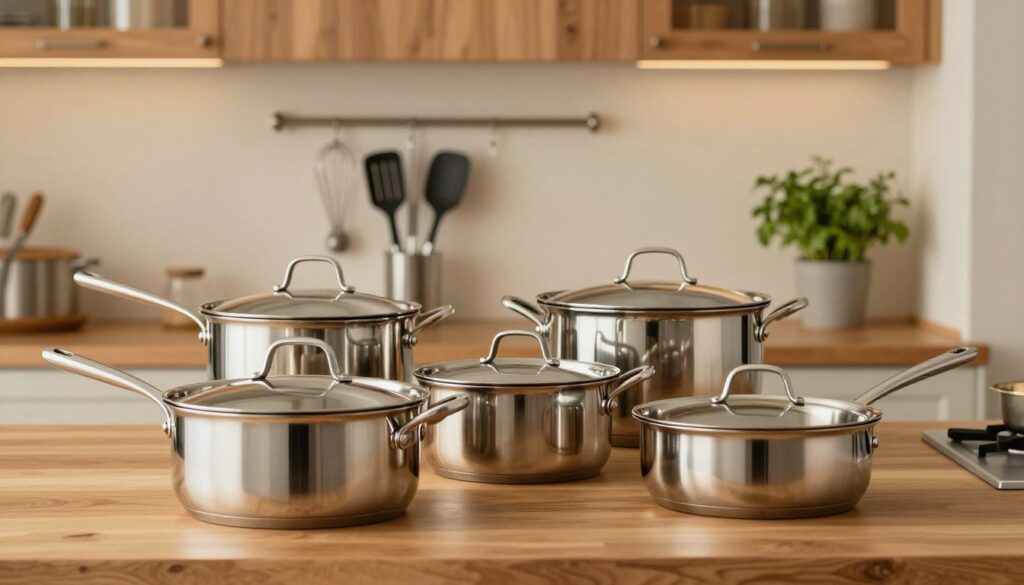A beautifully arranged kitchen scene featuring a collection of Edel Hoff cookware. In the foreground, showcase a set of glossy stainless steel pots and pans with elegant, ergonomic handles, reflecting a warm kitchen light. The middle ground should include an array of kitchen utensils, such as a sleek whisk, spatula, and knife, all artfully arranged on a wooden countertop. The background features a cozy kitchen setting with soft lighting and warm tones, including wooden cabinetry and a hint of fresh herbs in pots. The overall atmosphere should convey a sense of modern elegance and functionality, emphasizing the quality and design of Edel Hoff kitchen products. The image should evoke warmth and inspiration for culinary creativity, with a soft focus on the cookware.