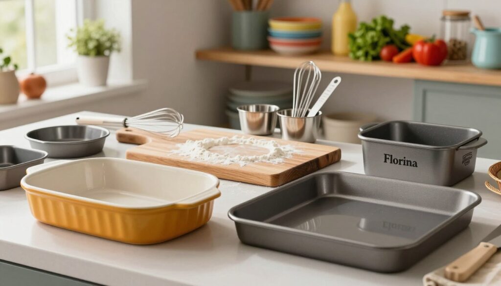 A beautifully arranged kitchen scene focusing on various baking pans and dishes from the Florina brand. In the foreground, a glossy ceramic baking dish and a sturdy roasting tray, both reflecting soft, natural light from a nearby window. The middle ground showcases an array of baking tools, including a wooden cutting board streaked with flour, a set of stainless steel measuring cups, and a whisk. In the background, shelves lined with colorful kitchen accessories and fresh ingredients like herbs and vegetables create a vibrant atmosphere. The overall mood is warm and inviting, with soft, diffused lighting highlighting the textures and colors of the kitchenware, inviting viewers to explore baking and meal preparation.