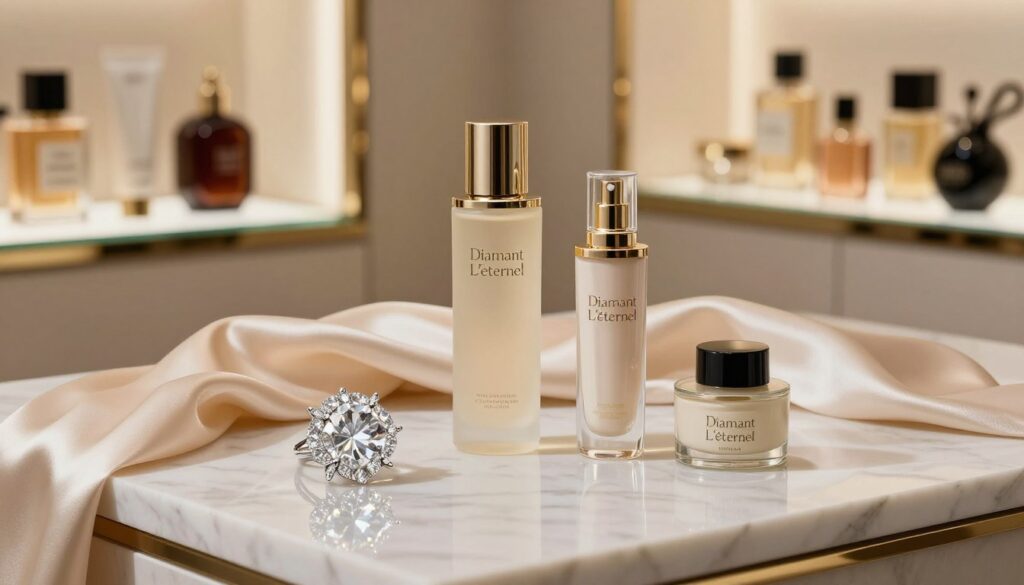 A beautifully arranged still life featuring "Diamant L'éternel" luxury products elegantly displayed on a polished marble countertop. In the foreground, focus on a shimmering diamond-inspired jewelry piece, intricately designed with sparkling details, reflecting soft, warm light. Beside it, high-end skincare items are presented in stylish packaging, each exuding an aura of elegance and sophistication. In the background, a delicate silk cloth drapes softly, contrasting with the sleek glass shelves showcasing more products like perfumes and cosmetics, creating depth. The lighting is soft and ambient, casting gentle shadows while highlighting the textures and luxuriousness of each product. The overall atmosphere is upscale and inviting, designed to reflect the brand's essence of timeless beauty and quality.