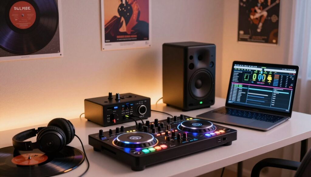 A beginner DJ setup displayed in a stylish, modern room. In the foreground, a compact DJ controller with colorful LED lights and a laptop running DJ software, surrounded by a pair of high-quality headphones and some vinyl records. In the middle, a small professional speaker system with an inviting atmosphere, showcasing practical features such as EQ knobs and a USB port. The background features a dimly lit wall decorated with music-themed posters and soft ambient lighting casting a warm glow. The scene conveys an energetic yet approachable vibe for aspiring DJs, emphasizing a practical and inspiring workspace. The image is sharp, with a clear focus on the equipment, using a wide-angle lens to capture the entire setup.