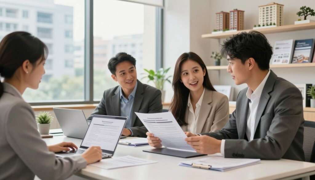 A bright and modern real estate office interior, showcasing a sleek desk with a laptop, paperwork, and a property prospectus prominently displayed. In the foreground, diverse real estate professionals in business attire are engaged in a discussion with a young couple looking at apartment listings; their expressions convey excitement and professionalism. The middle ground features a large window with a view of cityscape apartments, bathed in soft natural light, illuminating the space with a warm, welcoming atmosphere. In the background, sleek shelving holds miniature models of residential buildings and brochures. The angle captures the dynamic of a productive transaction, highlighting important elements like contracts and buyer responsibilities, with a focus on professionalism and trust. A bright and modern real estate office interior, showcasing a sleek desk with a laptop, paperwork, and a property prospectus prominently displayed. In the foreground, diverse real estate professionals in business attire are engaged in a discussion with a young couple looking at apartment listings; their expressions convey excitement and professionalism. The middle ground features a large window with a view of cityscape apartments, bathed in soft natural light, illuminating the space with a warm, welcoming atmosphere. In the background, sleek shelving holds miniature models of residential buildings and brochures. The angle captures the dynamic of a productive transaction, highlighting important elements like contracts and buyer responsibilities, with a focus on professionalism and trust.