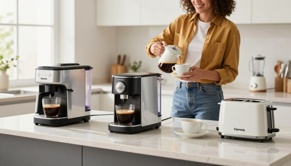 A bright, modern kitchen setting featuring a variety of Clatronic devices, including a coffee maker, a toaster, and a blender, artfully arranged on a stylish countertop. The foreground showcases the elegant appliances, reflecting quality craftsmanship with sleek, contemporary designs. In the middle ground, a cheerful person in smart casual attire is engaging with the coffee maker, pouring a cup of freshly brewed coffee. The background is a bright, airy kitchen with minimalistic decor and soft natural light streaming in from a window, creating a warm and inviting atmosphere. The overall mood is one of innovation and home comfort, capturing the essence of Clatronic's focus on functional and attractive household devices. Emphasize clear, vivid colors and a clean aesthetic.