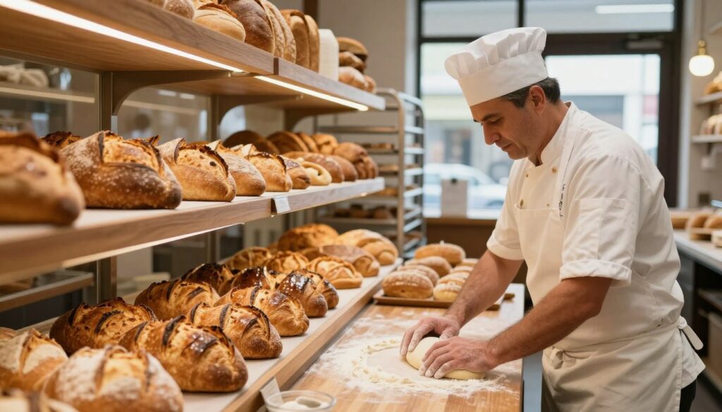 A bustling bakery scene showcasing an experienced baker at work. In the foreground, the baker, a middle-aged man in a white apron and a professional chef's hat, meticulously shapes dough on a wooden countertop, his hands dusted with flour. In the middle, freshly baked loaves and pastries rise from the oven, their golden crusts glistening under the warm glow of overhead lights. The background features shelves stocked with various breads and a large window letting in natural light, enhancing the inviting atmosphere. The setting is lively, with subtle warmth evoking the aroma of baked goods and the satisfaction of craftsmanship. Capture this moment from a slightly elevated angle to showcase both the detail of the baking process and the inviting ambiance of the bakery.
