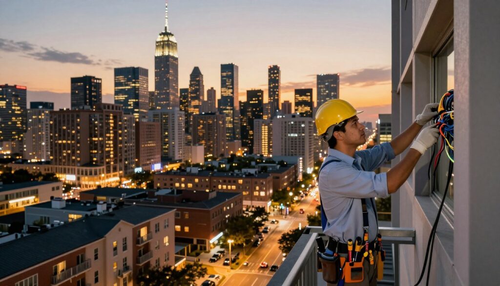 A bustling cityscape at dusk, showcasing the skyline of a major urban area teeming with life and opportunity. In the foreground, a professional electrician in smart business attire holds tools and inspects wiring on a building facade, symbolizing the growing demand for skilled labor in the city. The middle ground features various commercial buildings and residential apartments, illuminated by warm lighting that reflects a thriving job market. The background displays a vibrant sunset, casting golden hues over the city, enhancing the atmosphere of ambition and prosperity. Emphasize clarity, depth, and contrast in the image to convey a sense of dynamic energy within the urban environment, captured with a wide-angle lens to encompass the scale of the city.