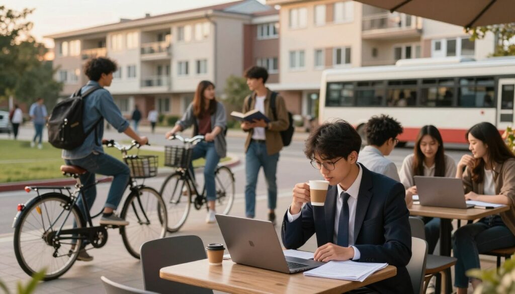 A bustling university campus scene portraying the expenses of student life. In the foreground, a focused student in professional business attire sits at a café table with an open laptop, reviewing study materials while sipping coffee. In the middle, students are seen engaging in discussions and commuting—some on bicycles, others holding books, and a few waiting for public transport. The background showcases a mix of apartment buildings and student housing, emphasizing living costs. The lighting is warm and inviting, suggesting early evening, with soft golden hues illuminating the scene. The mood is dynamic and focused, capturing the essence of daily life for law students, with an emphasis on practical aspects like housing and travel expenses.
