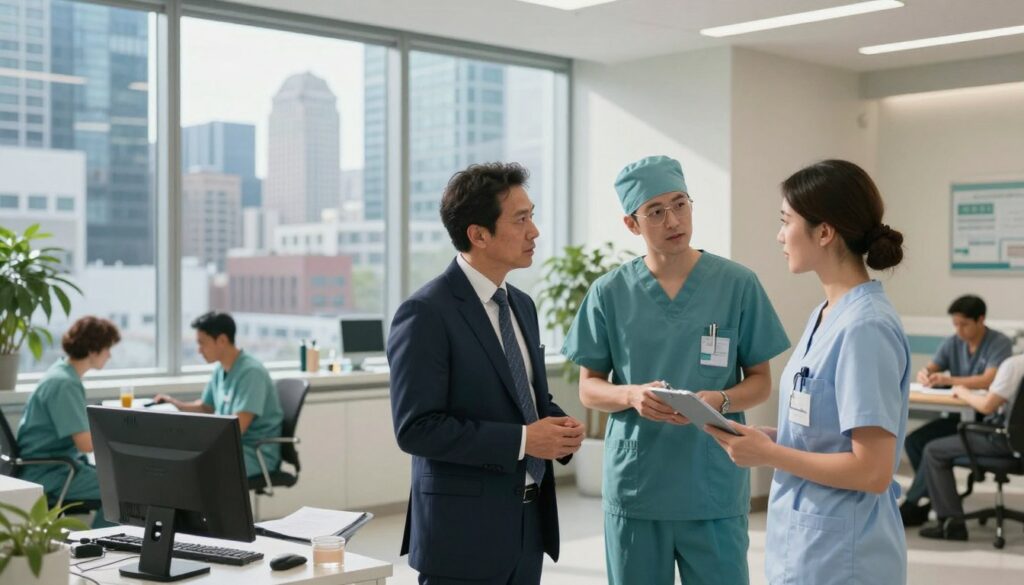 A bustling urban environment representing various workplaces for surgeons. In the foreground, a well-dressed surgeon is engaged in a discussion with a nurse, both appearing focused and professional. The middle ground features a blend of a public hospital, a private clinic, and a co-working space, illustrating the diversity of surgical environments. In the background, a city skyline with modern skyscrapers adds depth. Soft natural lighting filters through large windows, casting gentle shadows. The atmosphere is one of collaboration and professionalism, emphasizing the dynamic nature of a surgeon's career across different settings. The angle captures a comprehensive view, hinting at a vibrant urban life, while maintaining a clear focus on the medical profession. A bustling urban environment representing various workplaces for surgeons. In the foreground, a well-dressed surgeon is engaged in a discussion with a nurse, both appearing focused and professional. The middle ground features a blend of a public hospital, a private clinic, and a co-working space, illustrating the diversity of surgical environments. In the background, a city skyline with modern skyscrapers adds depth. Soft natural lighting filters through large windows, casting gentle shadows. The atmosphere is one of collaboration and professionalism, emphasizing the dynamic nature of a surgeon's career across different settings. The angle captures a comprehensive view, hinting at a vibrant urban life, while maintaining a clear focus on the medical profession.