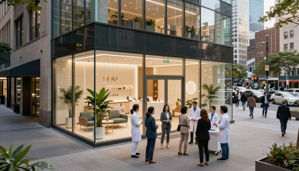 A bustling urban street scene in a large city, showcasing a modern aesthetic medicine clinic with glass façades reflecting sunlight. In the foreground, a diverse group of patients in professional attire, engaging with friendly, well-dressed medical staff outside the clinic. The middle ground features a sleek, contemporary waiting area visible through large windows, adorned with greenery and tasteful decorations, emphasizing a calming atmosphere. In the background, iconic city skyscrapers and bustling pedestrians, indicating a vibrant urban environment. Soft, warm lighting creates an inviting mood, and the image is captured from a slight aerial angle to provide depth and context to the surroundings, highlighting the thriving aesthetic medicine market in metropolitan areas.