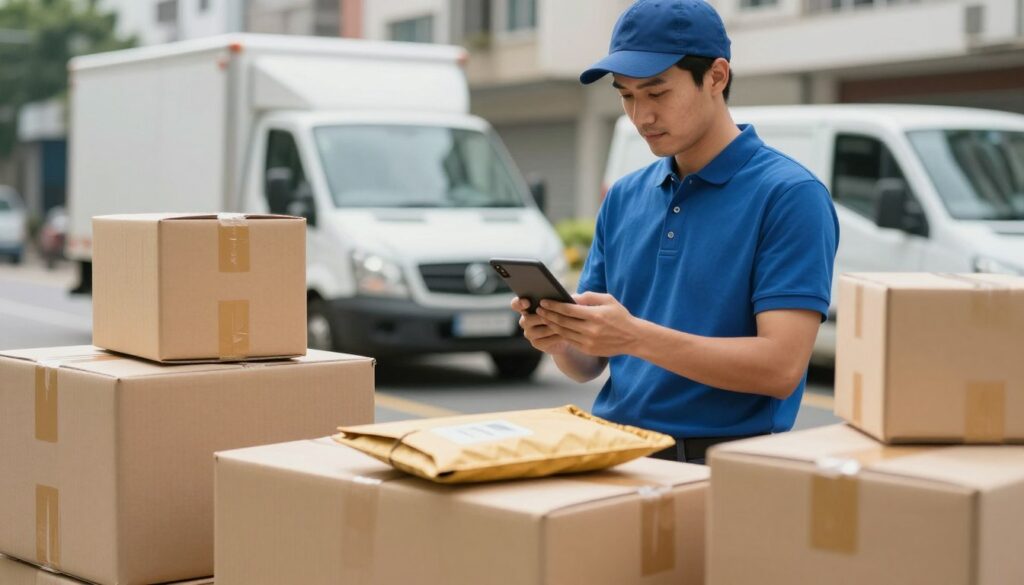 A busy delivery scene showcasing a variety of parcels, boxes, and envelopes prominently in the foreground, conveying the concept of shipment. In the middle ground, a delivery courier in professional attire checks a digital device for delivery details, displaying focus and efficiency. The background features a bustling urban environment with a delivery truck parked nearby and city buildings. Soft, natural lighting illuminates the scene, creating a sense of trust and reliability, with a slightly low angle to emphasize the activity and importance of the delivery process. The overall mood is dynamic and professional, highlighting the themes of cost and timely deliveries.
