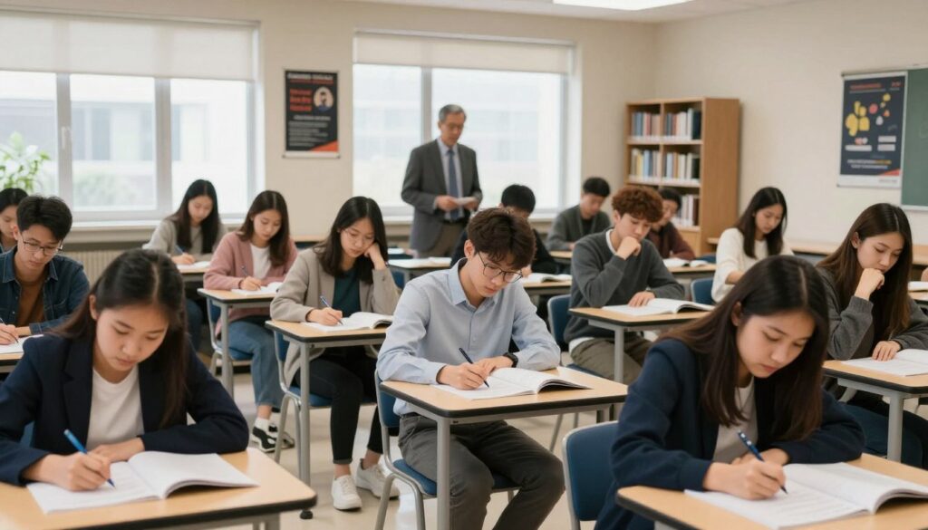 A busy examination hall filled with adult students sitting at desks, concentrated on their final exams. The foreground features a diverse group of students, clad in smart casual clothing, some writing furiously, others deep in thought. In the middle ground, a professor walks between the rows, observing and offering assistance as needed. The background includes large windows letting in soft, natural light, illuminating the space and creating an academic atmosphere. The room is decorated with motivational posters and shelves filled with books, hinting at a scholarly environment. The overall mood is tense yet focused, capturing the essence of the exam session in a part-time study setting, emphasizing concentration and dedication. A busy examination hall filled with adult students sitting at desks, concentrated on their final exams. The foreground features a diverse group of students, clad in smart casual clothing, some writing furiously, others deep in thought. In the middle ground, a professor walks between the rows, observing and offering assistance as needed. The background includes large windows letting in soft, natural light, illuminating the space and creating an academic atmosphere. The room is decorated with motivational posters and shelves filled with books, hinting at a scholarly environment. The overall mood is tense yet focused, capturing the essence of the exam session in a part-time study setting, emphasizing concentration and dedication.