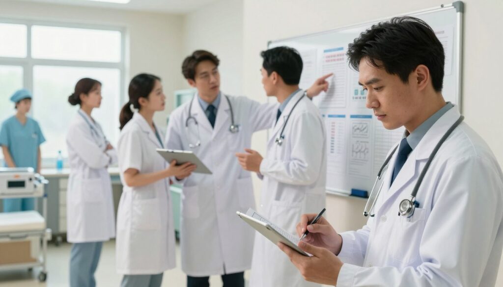 A busy hospital scene showcasing multiple doctors in professional business attire, depicting the demanding work environment. In the foreground, a focused doctor reviews patient charts on a tablet, conveying concentration and dedication. In the middle, two doctors discuss a case, gesturing towards a whiteboard filled with charts and medical data, illustrating collaboration and teamwork. The background includes modern hospital equipment and a glimpse of a busy nurses' station. Natural light streams in through large windows, creating a warm and dynamic atmosphere. The overall mood reflects the intensity and commitment associated with long working hours and on-call duties in the medical profession, emphasizing the themes of hard work and financial reward.