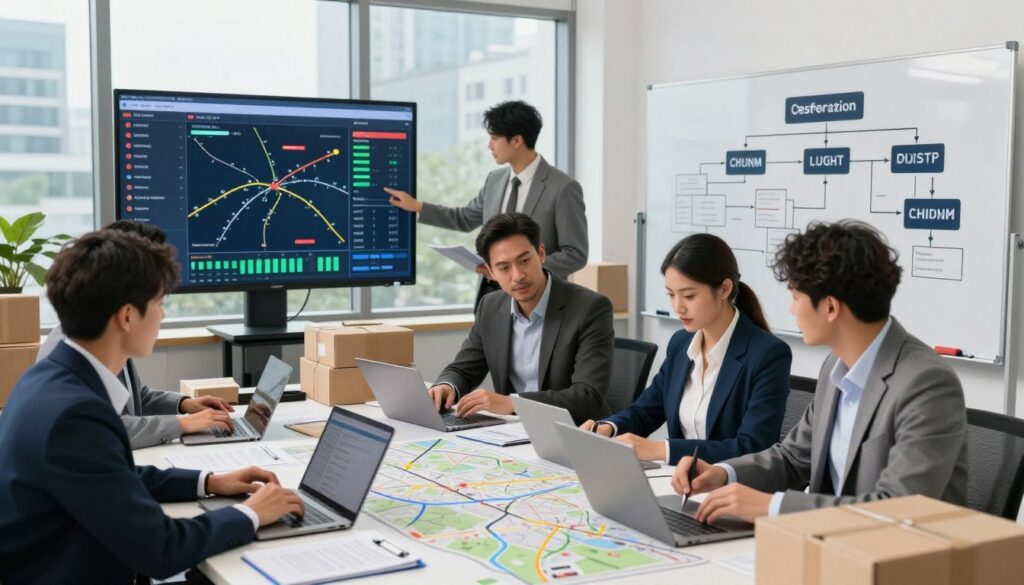 A busy logistics office scene depicting the organization of cargo transport step by step. In the foreground, a diverse group of professionals in smart business attire collaborates around a large table covered with maps, shipment documents, and laptops. In the middle ground, a digital dashboard displays live tracking information and shipping routes, while a whiteboard features flowcharts outlining the steps of cargo organization. The background shows large windows with city views, bathed in natural light, giving a vibrant yet focused atmosphere. The overall mood is dynamic and efficient, capturing the intricate process of freight management in modern logistics.