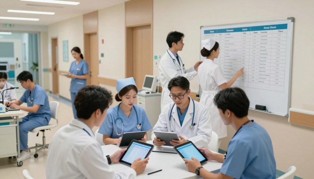 A busy medical workplace depicting a team of healthcare professionals in a modern hospital setting. In the foreground, a diverse group of doctors and nurses in professional attire collaborate around a workstation, reviewing schedules and patient data on digital tablets. The middle ground features a nurse coordinating shift assignments on a whiteboard, while a doctor discusses duty rosters with a colleague. The background shows well-lit hospital corridors with patient rooms and medical equipment, conveying a sense of organization and teamwork. Soft, warm lighting enhances the professional atmosphere, while a wide-angle perspective captures the dynamic nature of shift work in healthcare. The overall mood is one of cooperation and dedication, reflecting the importance of scheduling in relation to physician compensation.