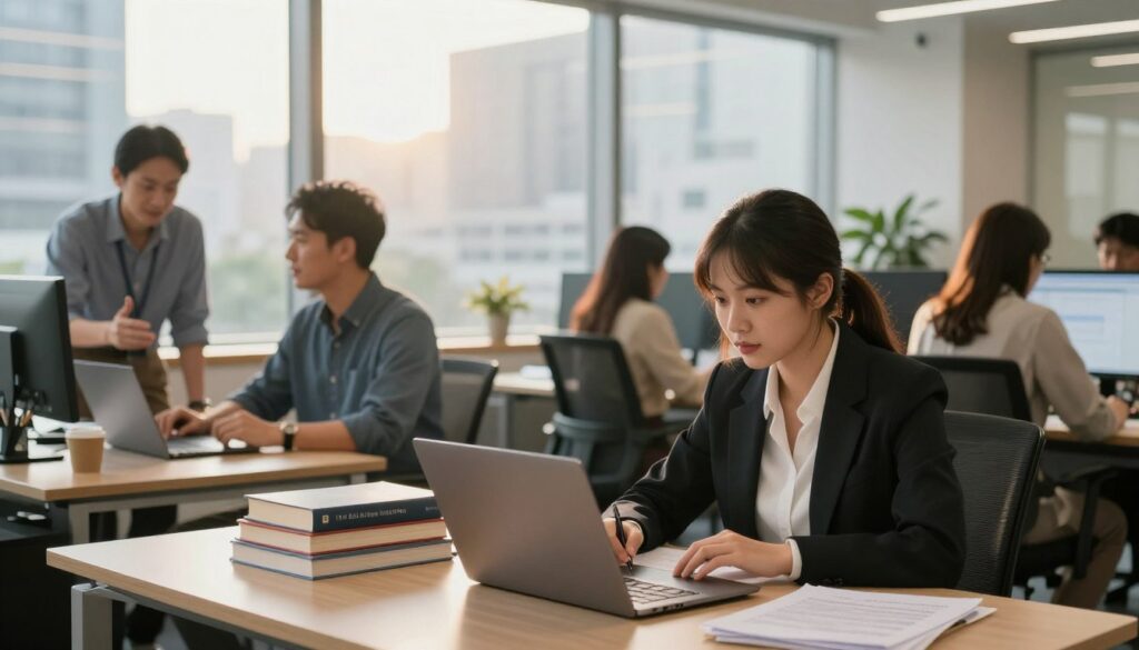 A busy, modern office environment showcasing diverse professionals engaged in various activities related to part-time studies. In the foreground, a focused young woman in professional attire is studying at her desk, surrounded by books and a laptop, with notes scattered around. To the left, a middle-aged man discusses ideas with a colleague in an open office space, both wearing smart casual clothing. In the background, large windows reveal a vibrant cityscape, with soft daylight streaming in, creating an inviting atmosphere. The lighting is warm and natural, bringing focus to the engaged faces. The overall mood is one of productivity and collaboration, emphasizing the balance between work and education. A busy, modern office environment showcasing diverse professionals engaged in various activities related to part-time studies. In the foreground, a focused young woman in professional attire is studying at her desk, surrounded by books and a laptop, with notes scattered around. To the left, a middle-aged man discusses ideas with a colleague in an open office space, both wearing smart casual clothing. In the background, large windows reveal a vibrant cityscape, with soft daylight streaming in, creating an inviting atmosphere. The lighting is warm and natural, bringing focus to the engaged faces. The overall mood is one of productivity and collaboration, emphasizing the balance between work and education.