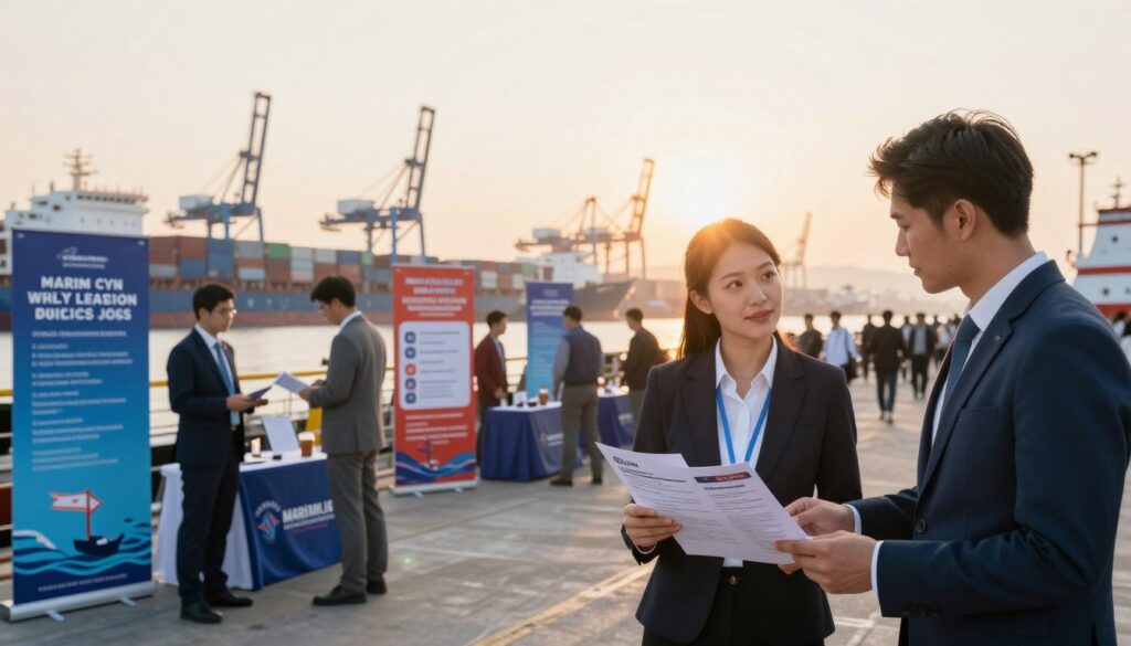 A busy shipping port at sunrise, with a focus on a maritime job fair. In the foreground, a diverse group of two professional-looking individuals in business attire—a woman holding a resume and a man examining brochures about maritime jobs. In the middle ground, several booths displaying vibrant banners about marine careers and qualifications, while job seekers interact with recruiters. The background features large cargo ships in the harbor and cranes silhouetted against the glowing sky. Soft, warm lighting enhances the optimistic atmosphere of opportunity, while a slight lens flare adds dynamism to the scene. The image conveys hope and professionalism, ideal for illustrating the process of finding a job on a ship and preparing an effective sailor's CV.