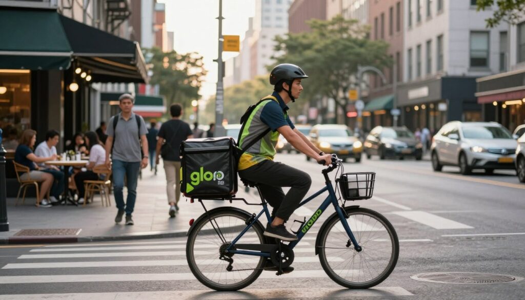 A busy urban street scene depicting a Glovo courier in professional casual attire, riding a delivery bicycle. In the foreground, the courier is focused, navigating through the hustle and bustle of the city. The middle ground features pedestrians, cafes, and local shops, highlighting the vibrant atmosphere of city life. The background shows tall city buildings and a hint of greenery, adding life to the scene. Soft, natural lighting illuminates the scene, casting gentle shadows and creating depth, as if it's a late afternoon. The mood reflects the energy of a bustling city, emphasizing the dynamic nature of being a Glovo courier and the potential earnings associated with deliveries.
