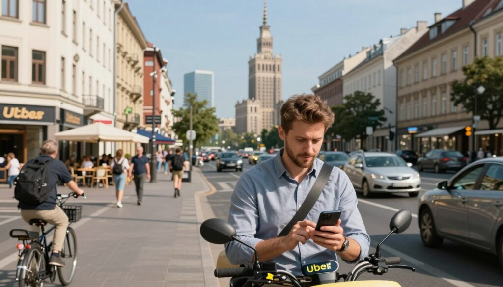 A busy urban street scene showcasing the financial landscape of Polish cities, focusing on Uber drivers. In the foreground, a professional Uber driver in smart casual attire is seen interacting with a smartphone, checking earnings, surrounded by the hustle and bustle of city life. The middle ground features a mix of modern buildings, cafes, and traffic with other cars and cyclists, creating a sense of activity. The background includes a skyline with recognizable Polish landmarks, under a clear blue sky. Soft, natural daylight casts warm shadows, enhancing the urban vibrancy. The mood is insightful and energetic, reflecting the daily life of a driver balancing work and income amidst the city's dynamic atmosphere. The image should be clear, without any text or watermarks.
