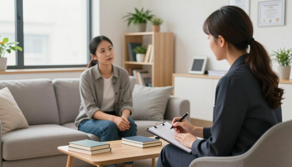 A clinical experience setting showcasing a focused interaction between a therapist and a patient in a modern, well-lit therapy room. In the foreground, a professional therapist in business attire actively listens while taking notes on a pad, exuding warmth and empathy. The middle ground features a patient sitting comfortably on a stylish sofa, appearing engaged and reflective, surrounded by therapeutic books and a calming environment. The background includes shelves with colorful plants and framed certificates, enhancing the sense of professionalism. Soft, natural lighting floods the room through large windows, creating a serene atmosphere. The overall mood is one of trust and understanding, encapsulating the essence of clinical experience essential for effective therapy.