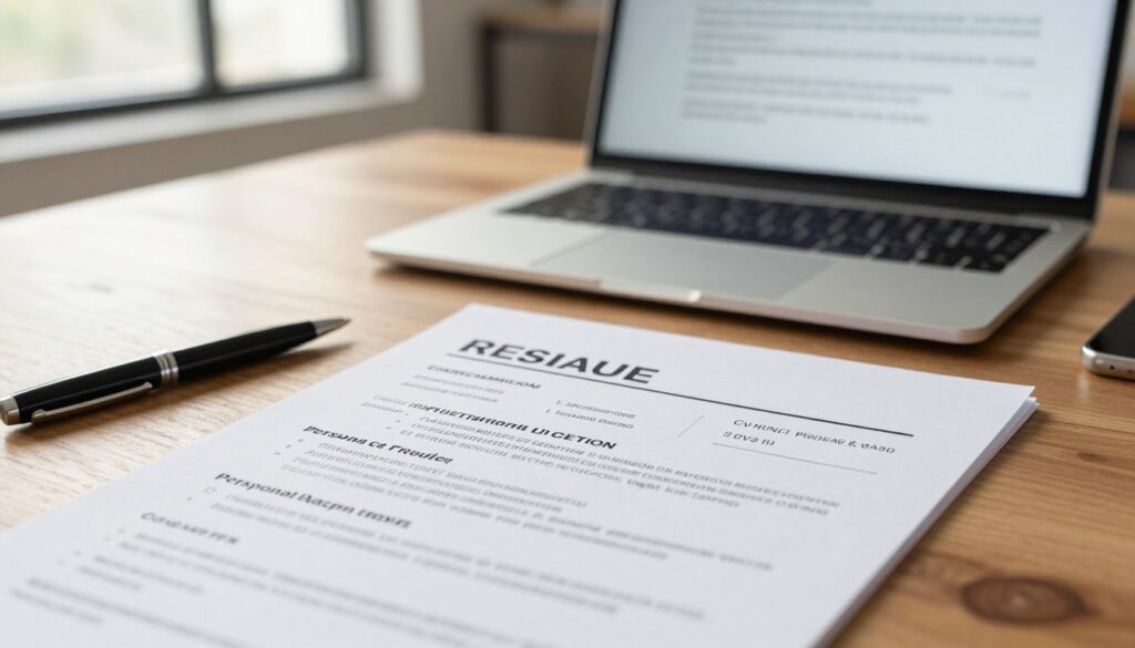 A close-up image of a professional document featuring a well-structured resume on a sleek wooden desk. The foreground showcases a neatly formatted CV with a highlighted section for a personal clause, demonstrating clear, easy readability. In the middle, a soft-focus laptop displays HR guidelines with light reflecting off its screen, while a stylish pen rests beside the CV, symbolizing professionalism. In the background, a blurred office environment hints at a productive workplace, with warm, natural light streaming through a window to create an inviting atmosphere. The composition evokes a sense of clarity and organization, ideal for guiding readers on the proper placement of clauses in a CV, while maintaining a polished and sophisticated mood.