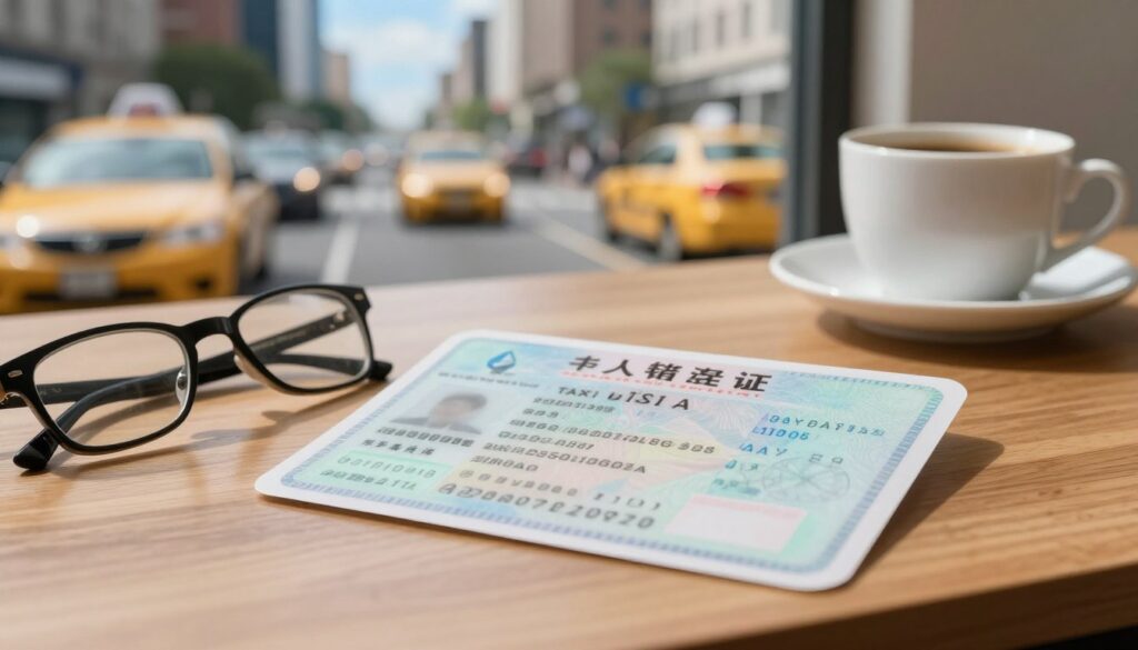 A close-up image of a "taxi license" document prominently displayed on a wooden desk, with a pair of stylish reading glasses beside it. The license features distinct official elements such as a unique identification number and a watermark. In the background, slightly blurred, is a busy urban street scene showing yellow taxis picking up passengers under a bright blue sky. Soft, natural light filters in from a nearby window, creating an inviting and professional atmosphere. A coffee cup sits nearby, reflecting a busy but organized workspace, conveying the seriousness and preparation needed to become a taxi driver. The focus is on the document, highlighting the importance of the taxi license in the profession.