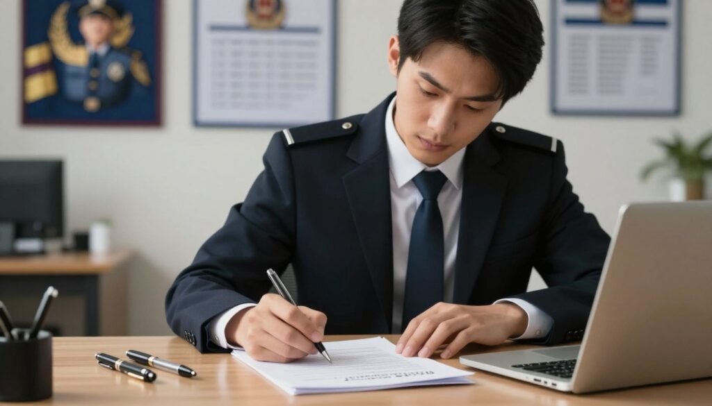 A close-up of a focused professional sitting at a desk, taking a written test for police qualification. The foreground features a neatly organized workspace with pens, papers, and a laptop, emphasizing the seriousness of the examination. In the middle, the individual, a young adult in professional business attire, is intently writing, showcasing concentration and determination. The background includes a wall adorned with police memorabilia and charts related to criminal justice, creating an academic atmosphere. Soft, warm lighting illuminates the scene, highlighting the subject's face and the details of the test materials. The overall mood is one of diligence and preparation, reflecting the commitment required to succeed in becoming a criminal police officer.