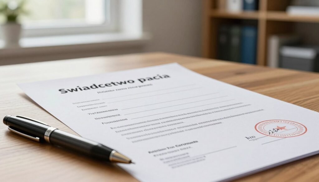 A close-up of an official "świadectwo pracy" (work certificate) displayed on a wooden desk, featuring a neatly printed document with official stamps and signatures, illuminated by soft natural light coming from a nearby window. In the foreground, a professional-looking pen rests next to the certificate, suggesting readiness to sign. The middle layer shows the certificate clearly, showcasing details like the employee's name, job title, dates of employment, and employer information in an elegant font. The background is softly blurred, revealing a hint of an office setting with bookshelves and indoor plants, creating a calm, professional atmosphere. The overall mood is informative and serious, emphasizing the importance of this document in compliance with employment regulations.
