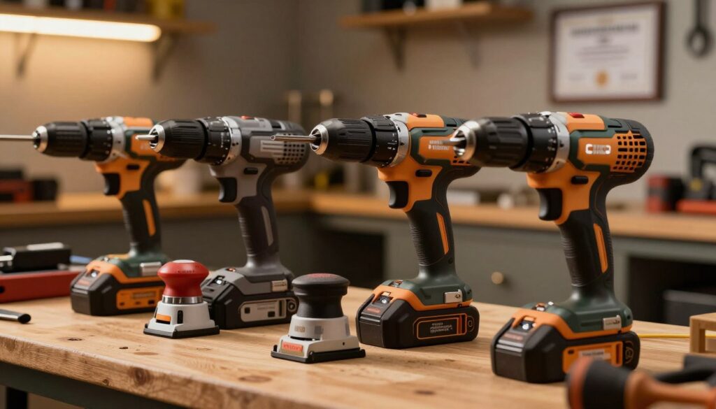 A close-up of high-quality power tools, including drills, saws, and sanders, displayed on a wooden workbench. The tools are sleek, modern, and show attention to detail, showcasing their features like ergonomic grips and LED indicators. In the background, a well-organized workshop is dimly lit, with warm ambient lighting that creates a cozy yet professional atmosphere. A faint focus on a framed certificate of quality assurance hangs on the wall, subtly hinting at the brand’s commitment to excellence. The image conveys a sense of reliability and craftsmanship, perfect for illustrating the quality, production, and service aspect of power tools. Capture this scene using a slightly angled perspective, creating depth, with a soft focus on the background to emphasize the tools in the foreground.