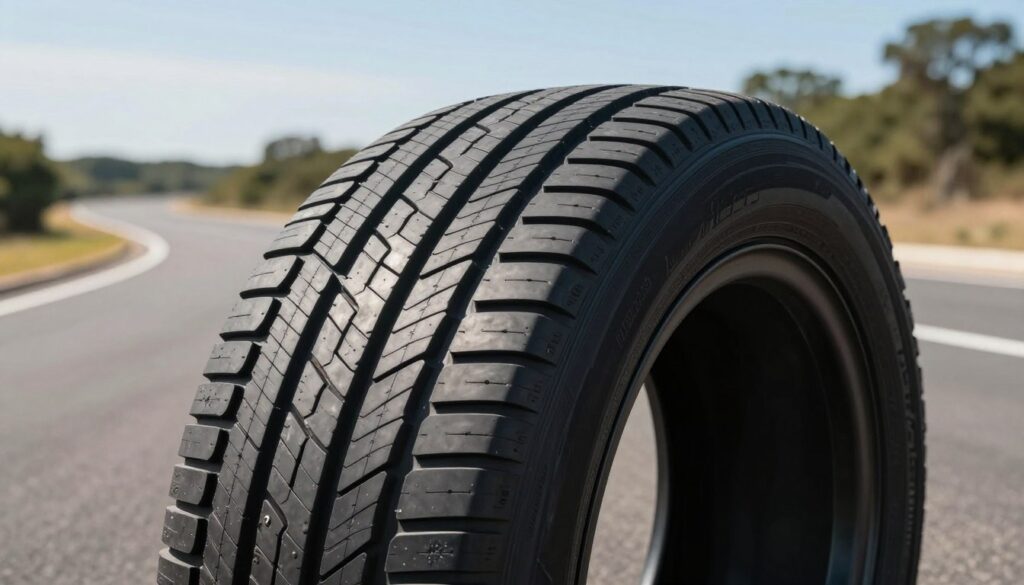 A close-up shot of a high-quality Firemax tire with a focus on its intricate tread pattern and sidewall design, symbolizing advanced technology and performance. In the foreground, the tire shines under bright, natural sunlight, highlighting its sleek rubber texture and dynamic profile. In the middle ground, soft-focus elements of a smooth asphalt road curve gently to add depth but keep the tire as the central focus. The background features a blurred landscape of trees and blue skies, evoking a sense of adventure and freedom. Use a wide-angle lens for a dramatic perspective, while ensuring soft shadows and vivid colors convey a professional and polished mood, representative of high-quality automotive technology.