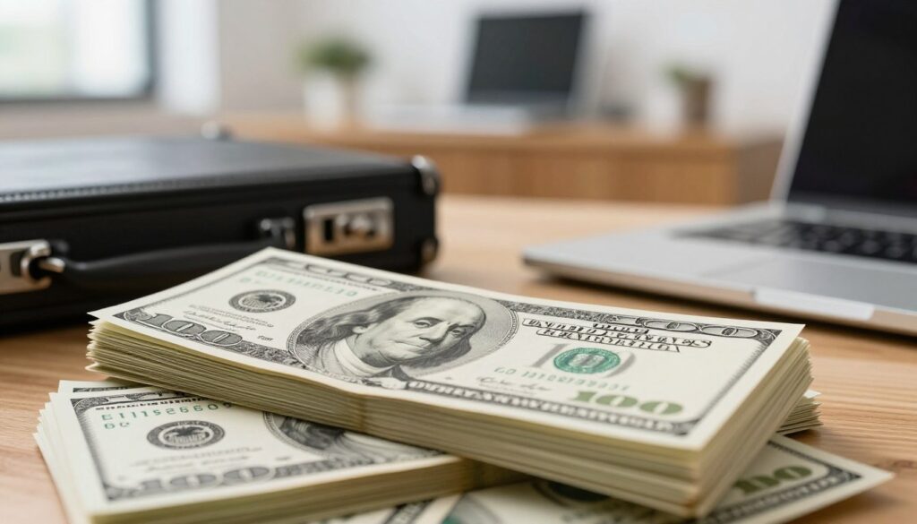 A close-up shot of crisp, stacked 100-dollar bills, intricately arranged to emphasize wealth and financial success. The foreground features the bills prominently, their green and white details sharply in focus under soft, diffused lighting. In the middle ground, a subtle depiction of a briefcase and a sleek laptop hints at a professional environment, symbolizing the medical field. The background is softly blurred, showcasing a modern office setting with warm wood tones and minimalist decor, creating an atmosphere of sophistication and ambition. The overall mood should reflect a sense of achievement and the concept of high earnings, suitable for a financial context in the medical industry. The image should be bright and inviting, conveying prosperity without any distractions or text.