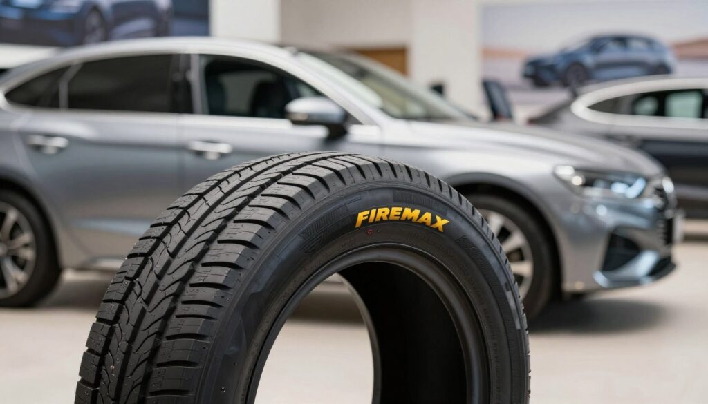 A close-up view of a Firemax tire prominently displayed in the foreground, showcasing its unique tread design and branding. The tire is positioned at an angle to highlight its robustness and performance features. In the middle ground, a sleek, modern car is parked in a well-lit automotive showroom, hinting at compatibility with various vehicle types. The background features soft-focus images of other car models, creating a sense of variety and choice among Firemax tires. The lighting is bright and inviting, emphasizing the quality and detail of the tire. The atmosphere conveys professionalism and accessibility, appealing to consumers interested in performance and reliability.